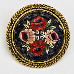 Vintage Round Micro Mosaic Multicolor Elegant Gold and Black Floral Brooch Italy